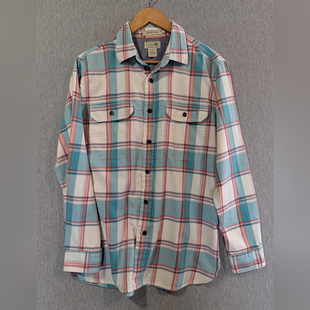 L.L. Bean Slightly Fitted Plaid Shirt Men's M-Reg Green White Red Button - Picture 2 of 12